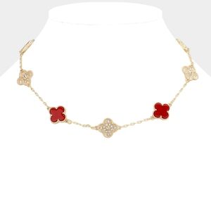 Red & Gold Crystal Quatrefoil Clover Chain Necklace Station Pendant Everyday
